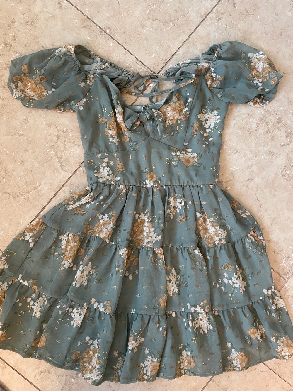 Altar'd State Sage Green Floral Tiered Puff-Sleeve Dress